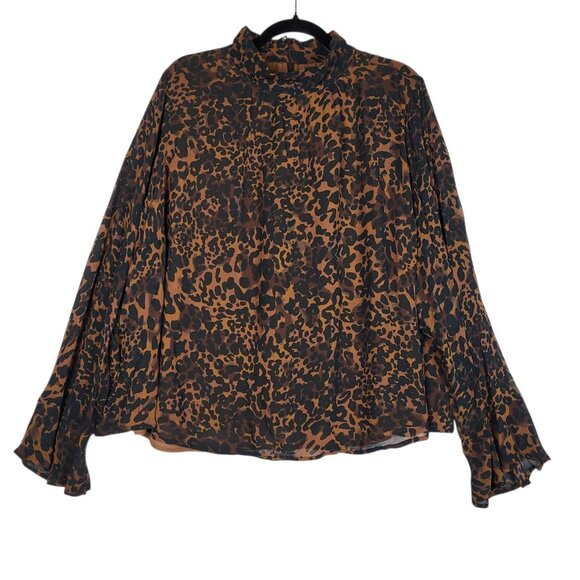 Maeve Anthropologie Animal Print Blouse Top Women's 1X Brown Black Flared Sleeve - Picture 6 of 16